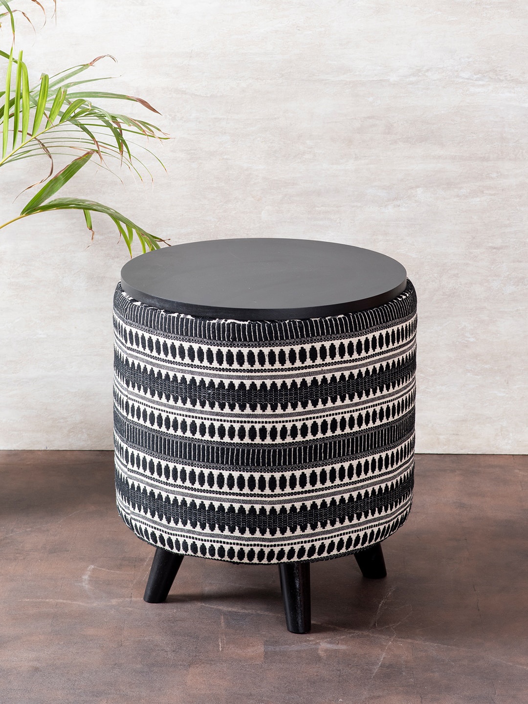 

nestroots Black Printed Storage Sitting Round Puff Wooden Cotton Stool Ottoman