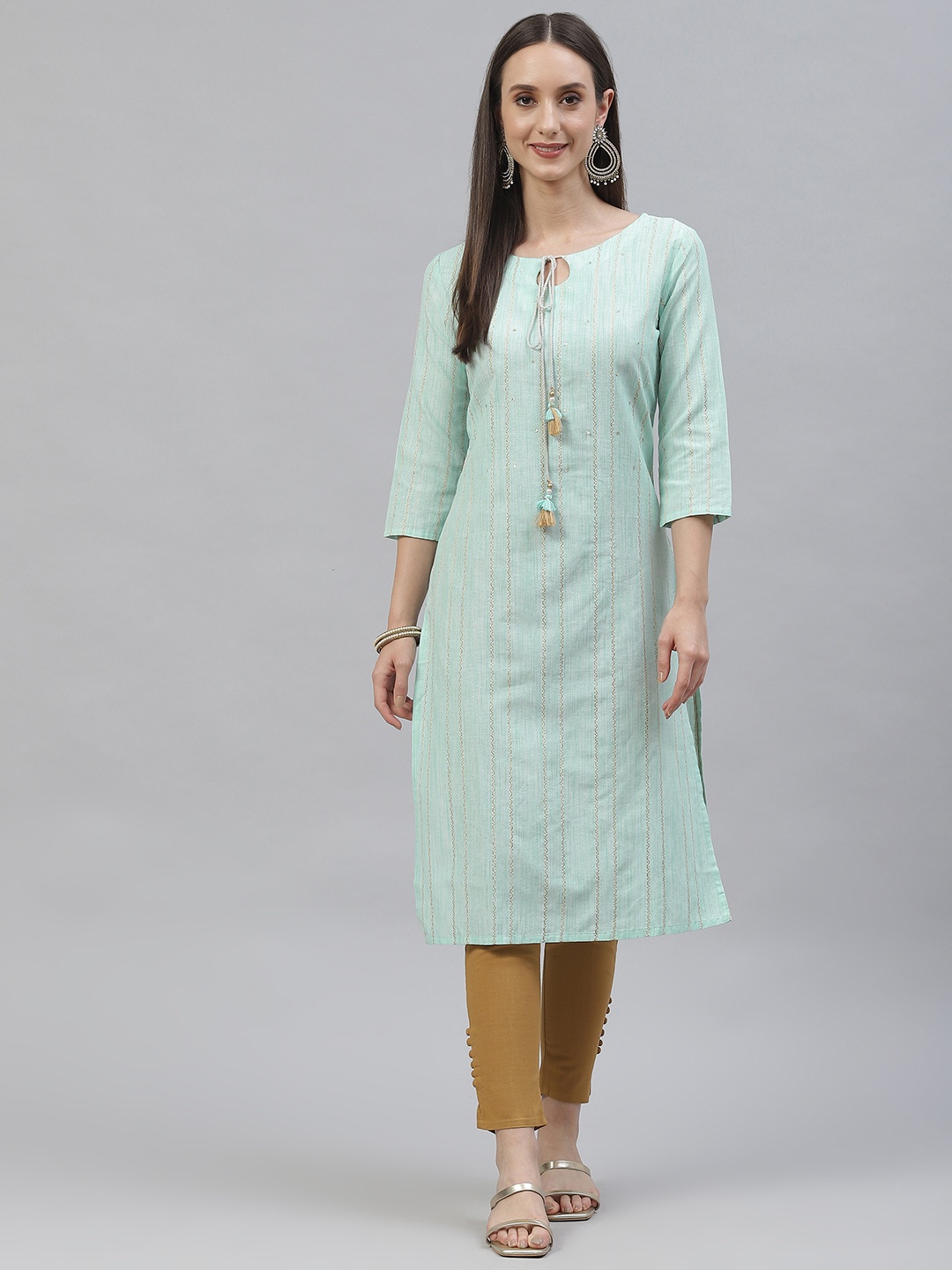 

INDYES Women Sea Green Striped Tie-Up Neck Kurta