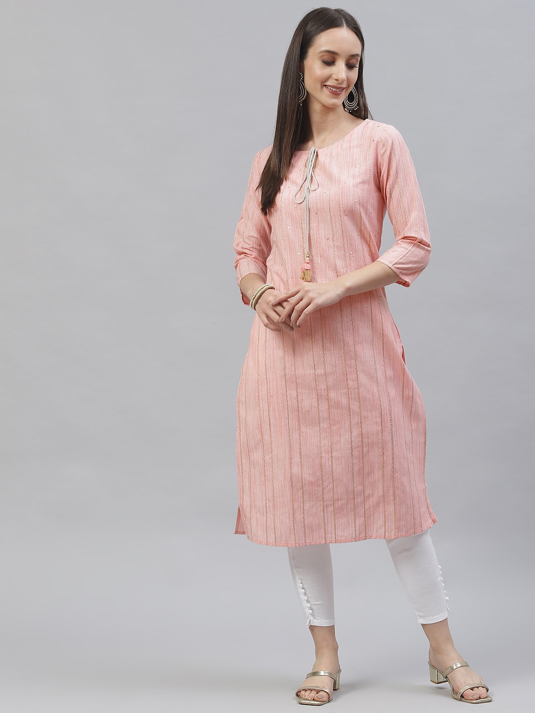 

INDYES Women Pink Tie-Up Neck Pure Cotton Kurta