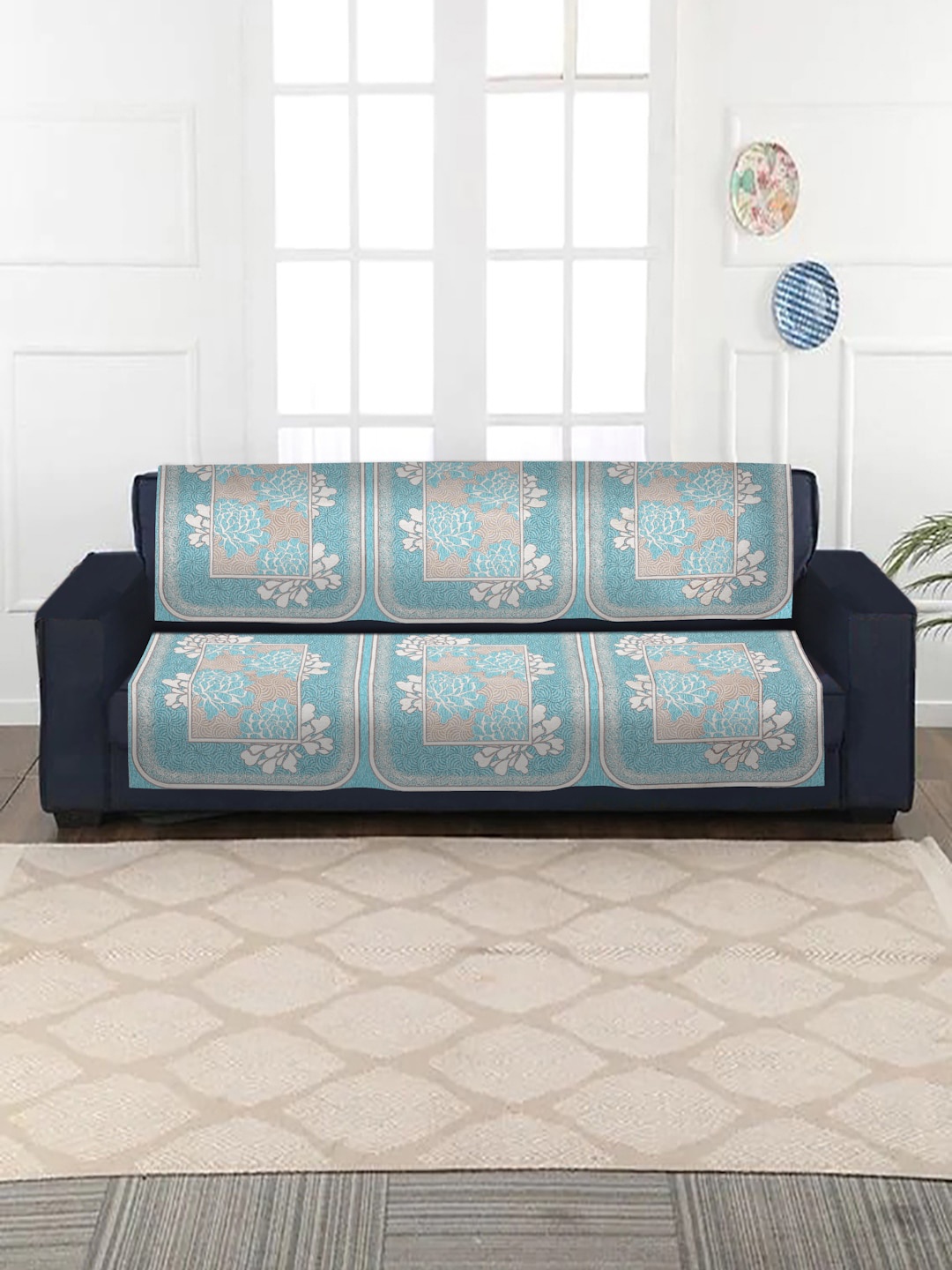 

HOSTA HOMES Blue Floral Jacquard Velvet 3 Seater Sofa Cover