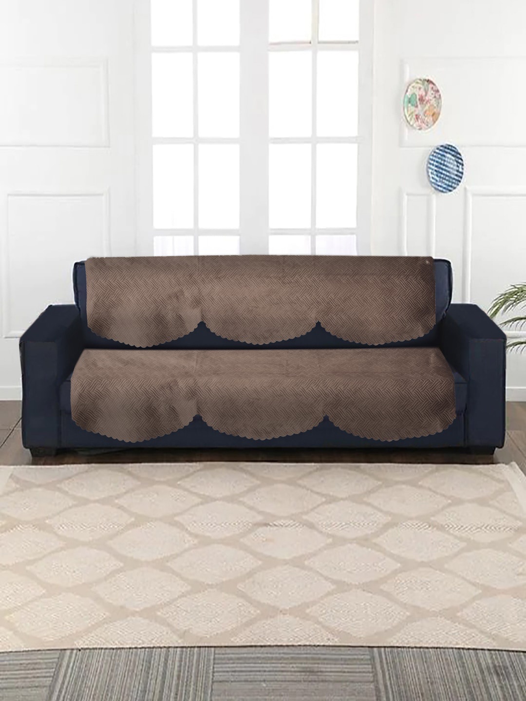 

HOSTA HOMES 6-Pieces Brown Self Design Velvet Quilted 3 Seater Sofa Cover