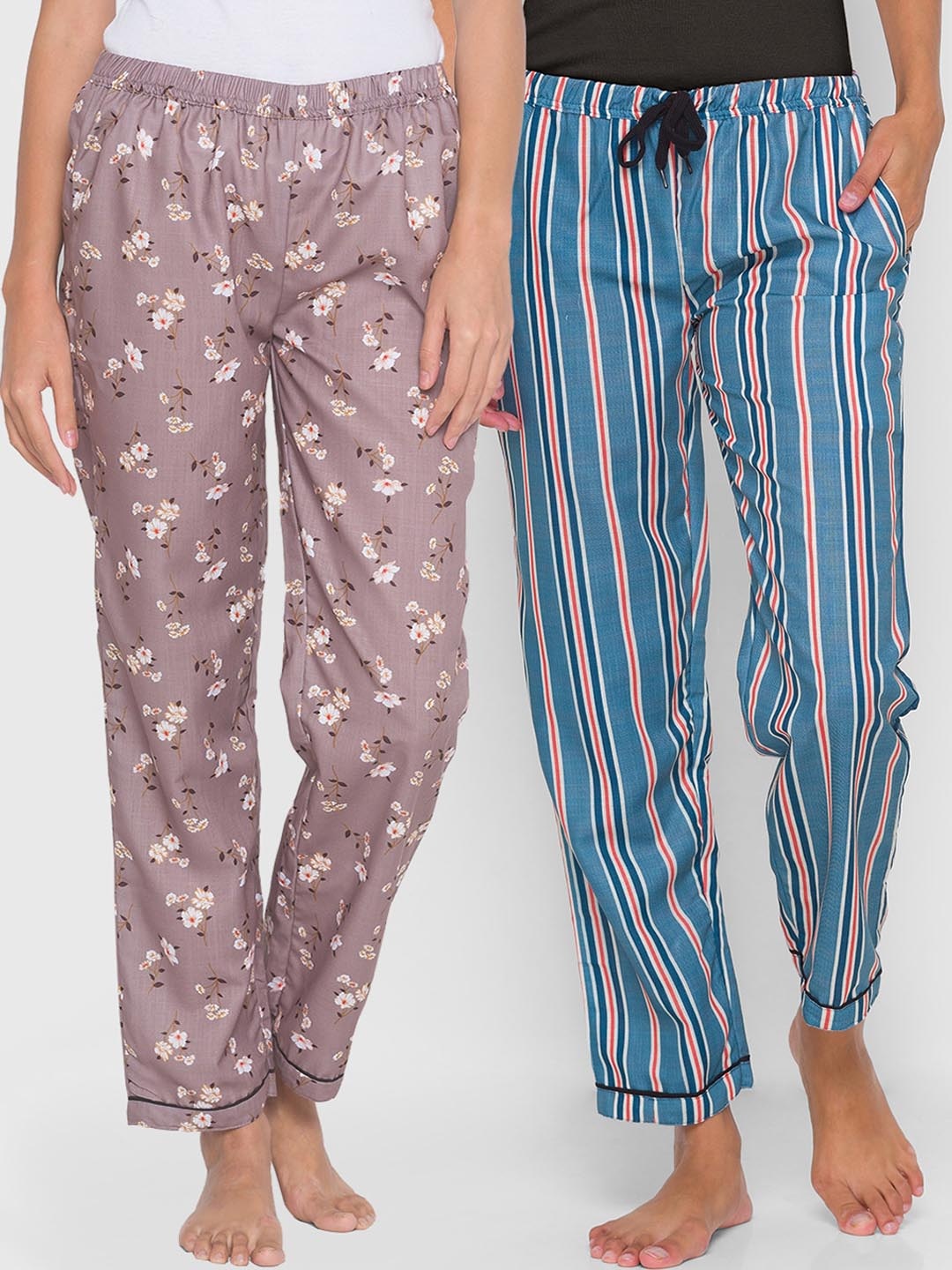 

FashionRack Pack of 2 Brown & Navy Blue Printed Cotton Lounge Pants