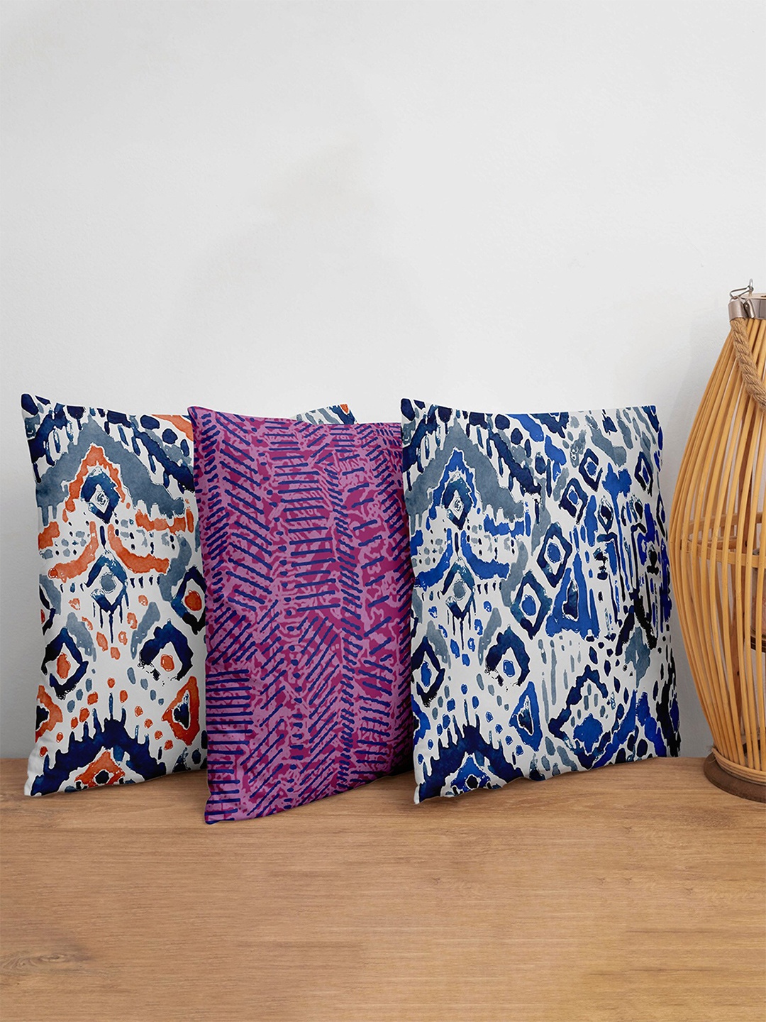 

ZEBA Blue & Pink Set of 3 Geometric Square Cushion Covers
