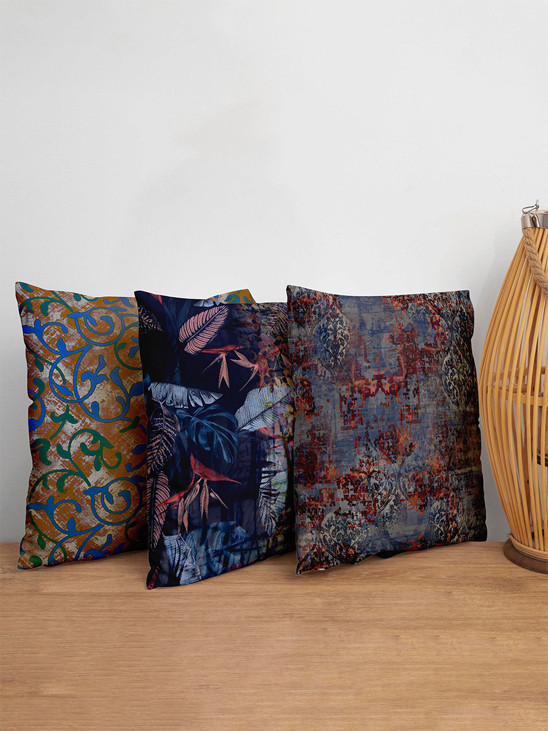 

ZEBA Coffee Brown & Grey Floral Square Cushion Covers Set of 3