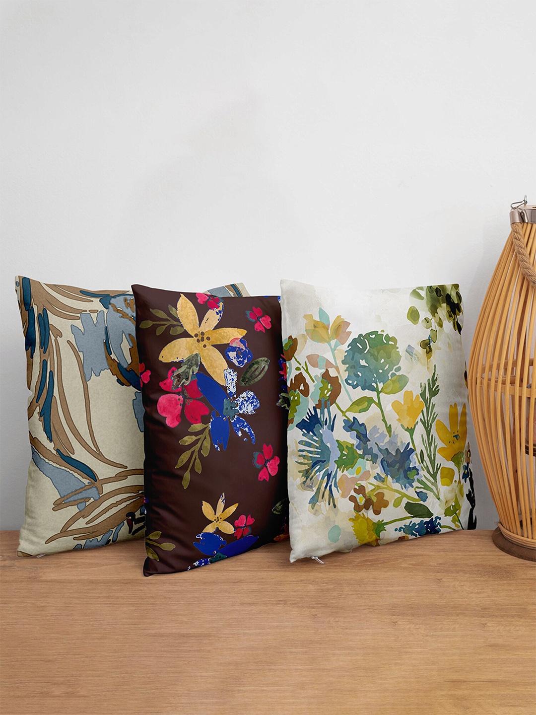 

ZEBA Black & Blue Set of 3 Floral Square Cushion Covers