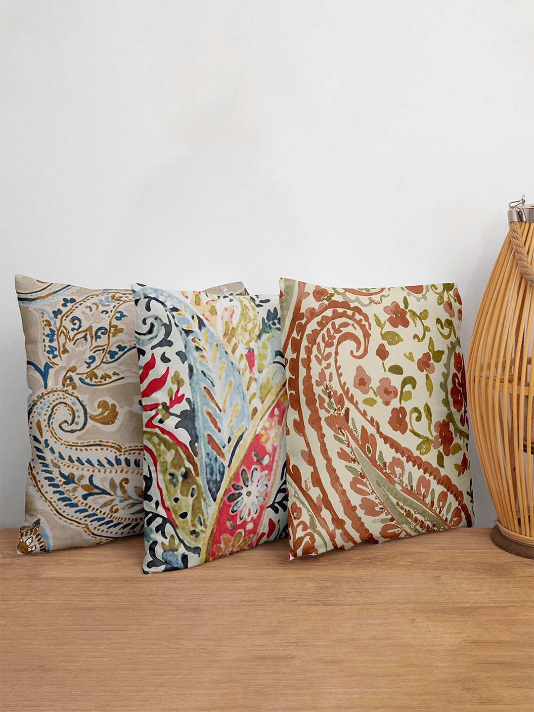 

ZEBA Set of 3 Cream & Brown Ethnic Motifs Square Cushion Covers
