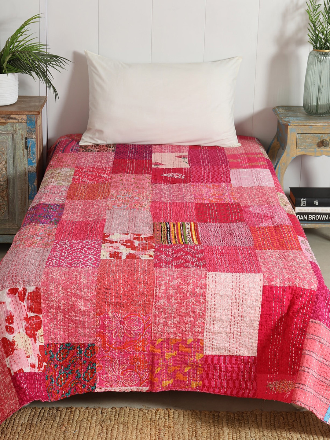 

HANDICRAFT PALACE Pink Kantha Embroidered Patchwork Cotton Single Bed Covers