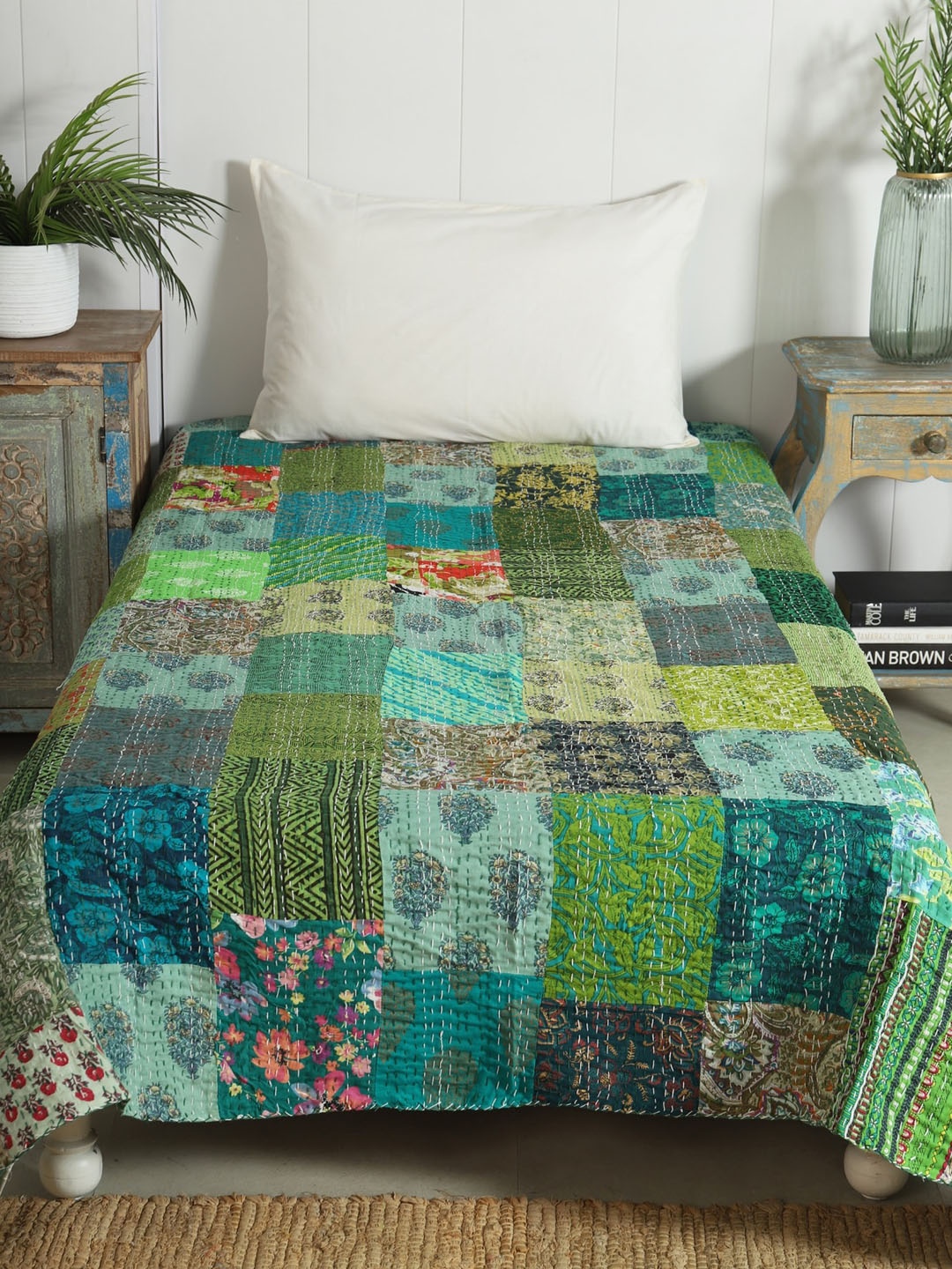 

HANDICRAFT PALACE Green Kantha Embroidered Patchwork Cotton Single Bed Cover