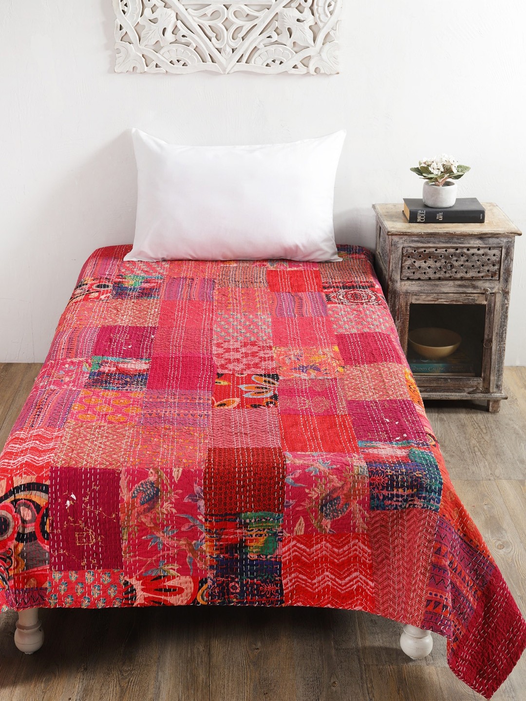 

HANDICRAFT PALACE Red Kantha Embroidered Cotton Single Bed Cover