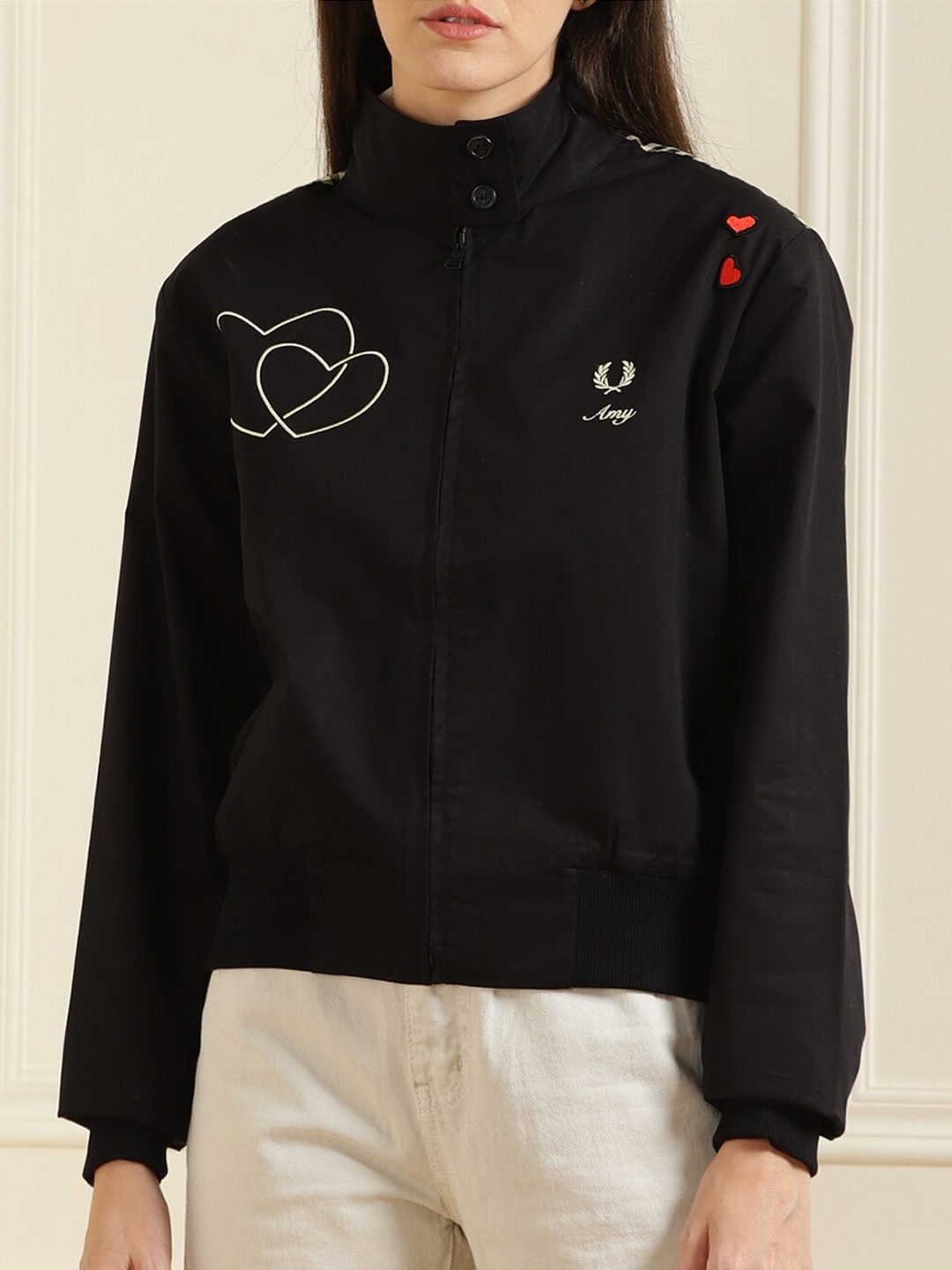 

Fred Perry Women Black Open Front Cotton Jacket with Patchwork