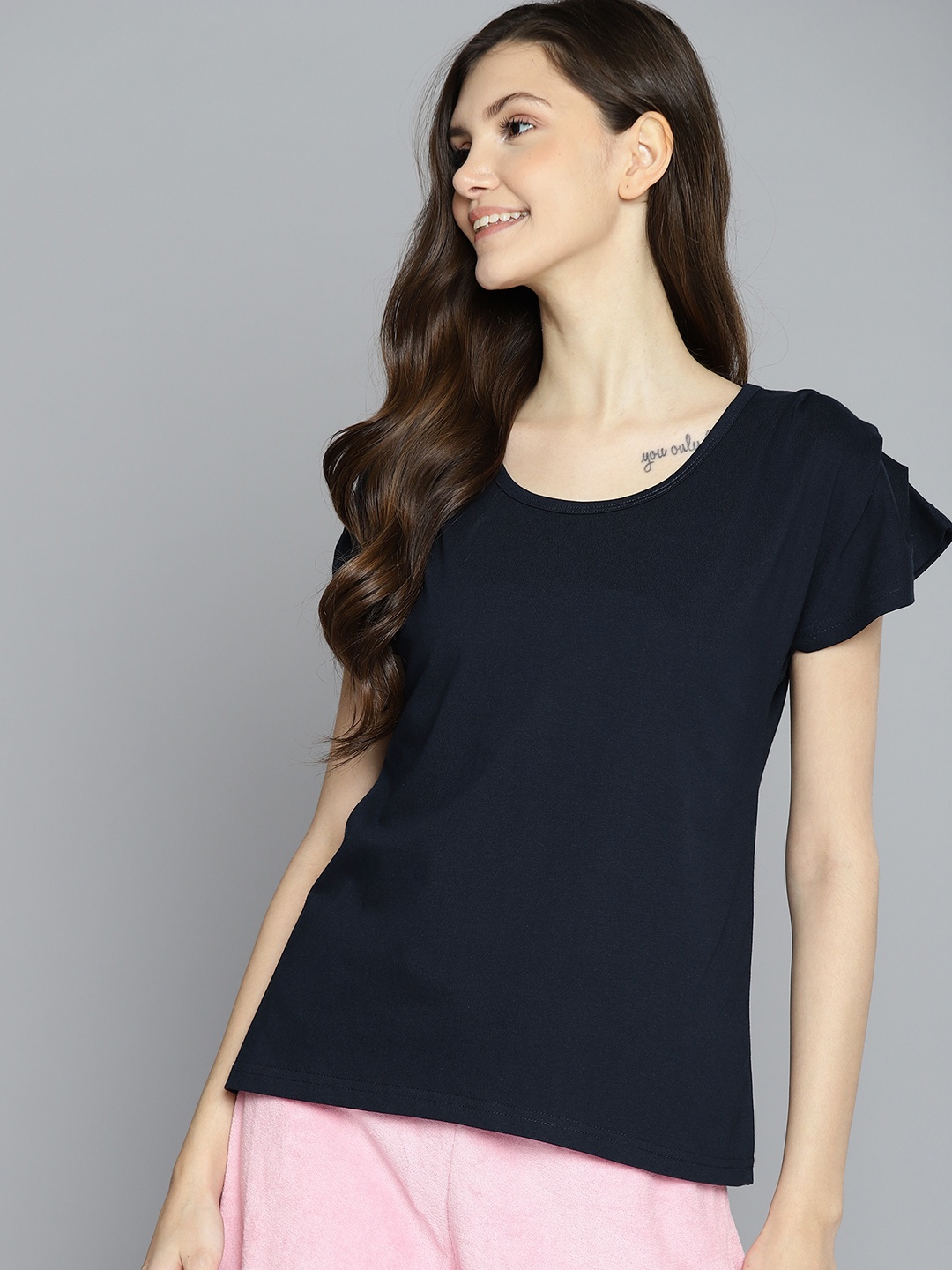 

Mast & Harbour Navy Blue Solid Pure Cotton Top