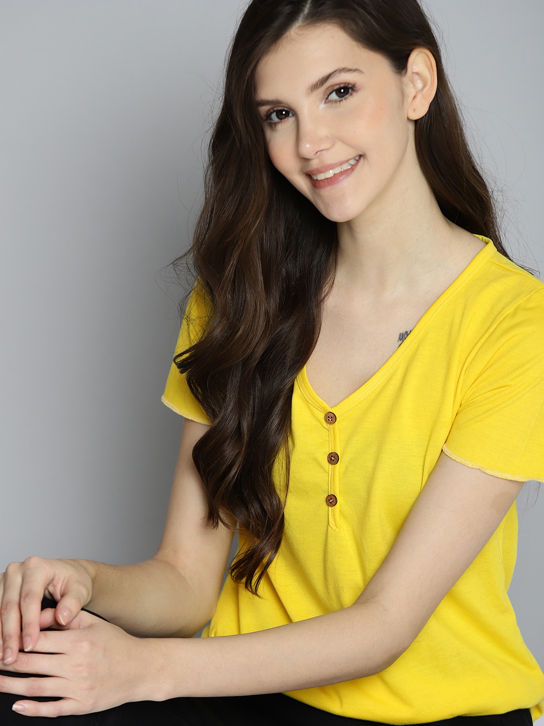 

Mast & Harbour Women Yellow Solid V-Neck Pure Cotton T-shirt