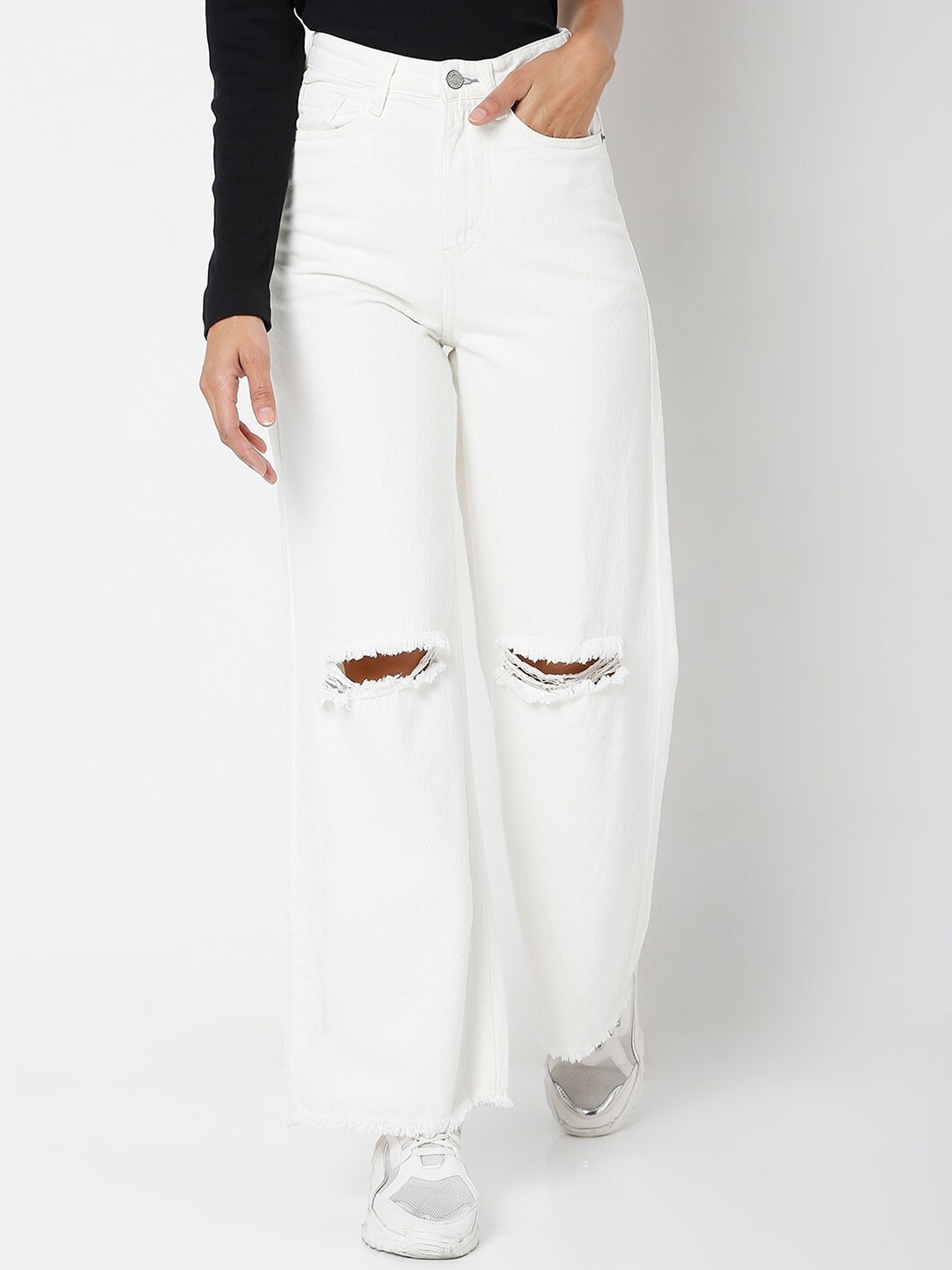 

TARAMA Women Off White Wide Leg High-Rise Slash Knee Cotton Jeans