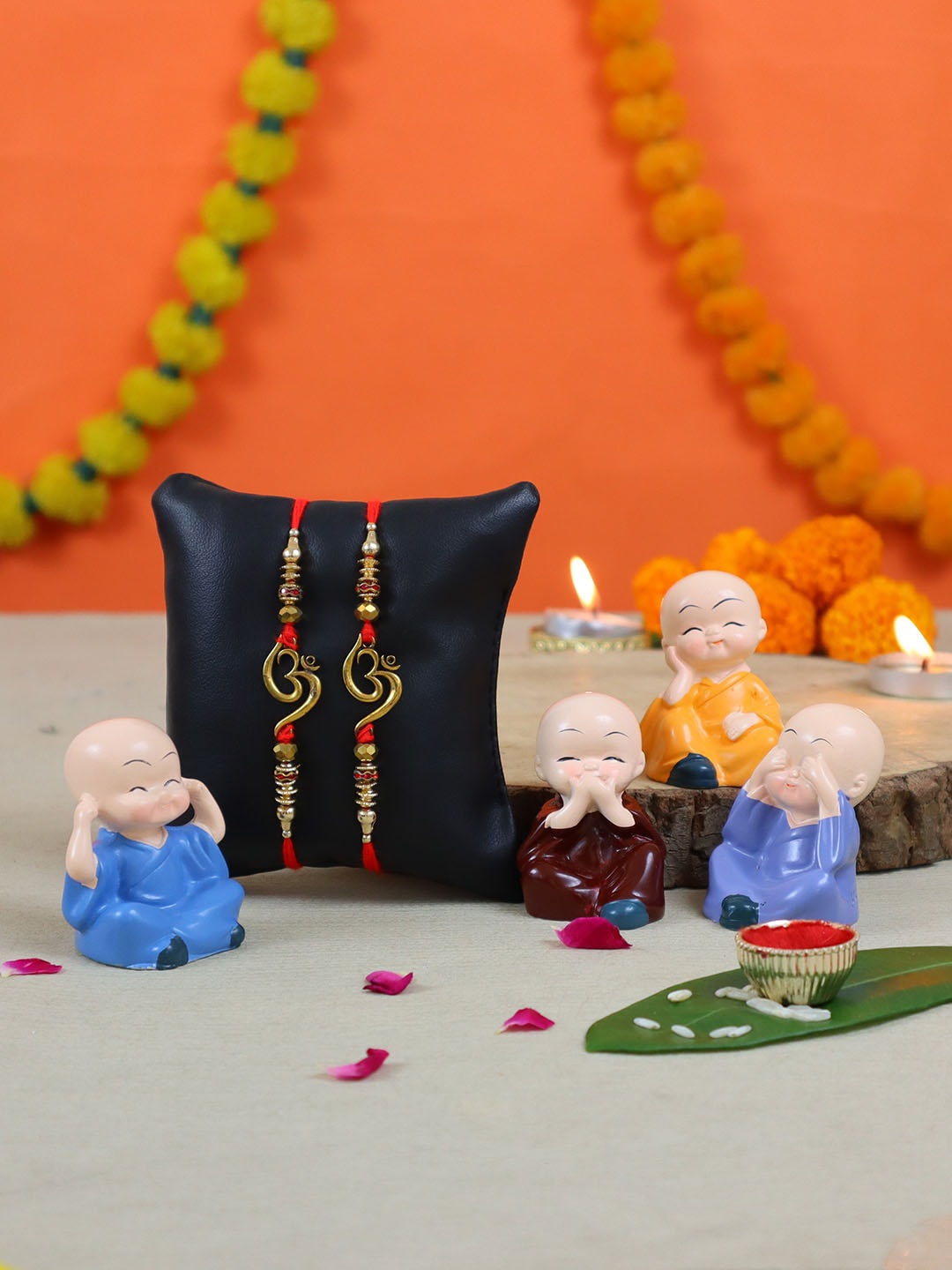 

TIED RIBBONS Set of 2 OM Rakhi & 4 Buddha Monk Gift Set, Multi