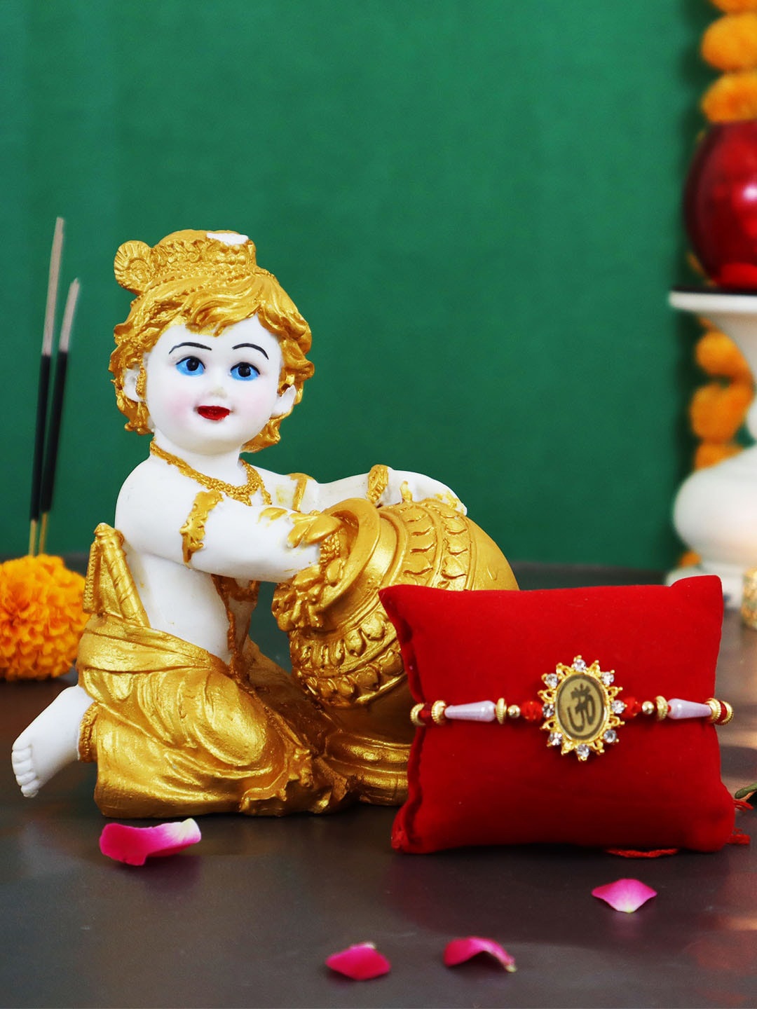 

TIED RIBBONS Men Gold-Toned OM Rakhi With Lord Krishna Idol Gift Set