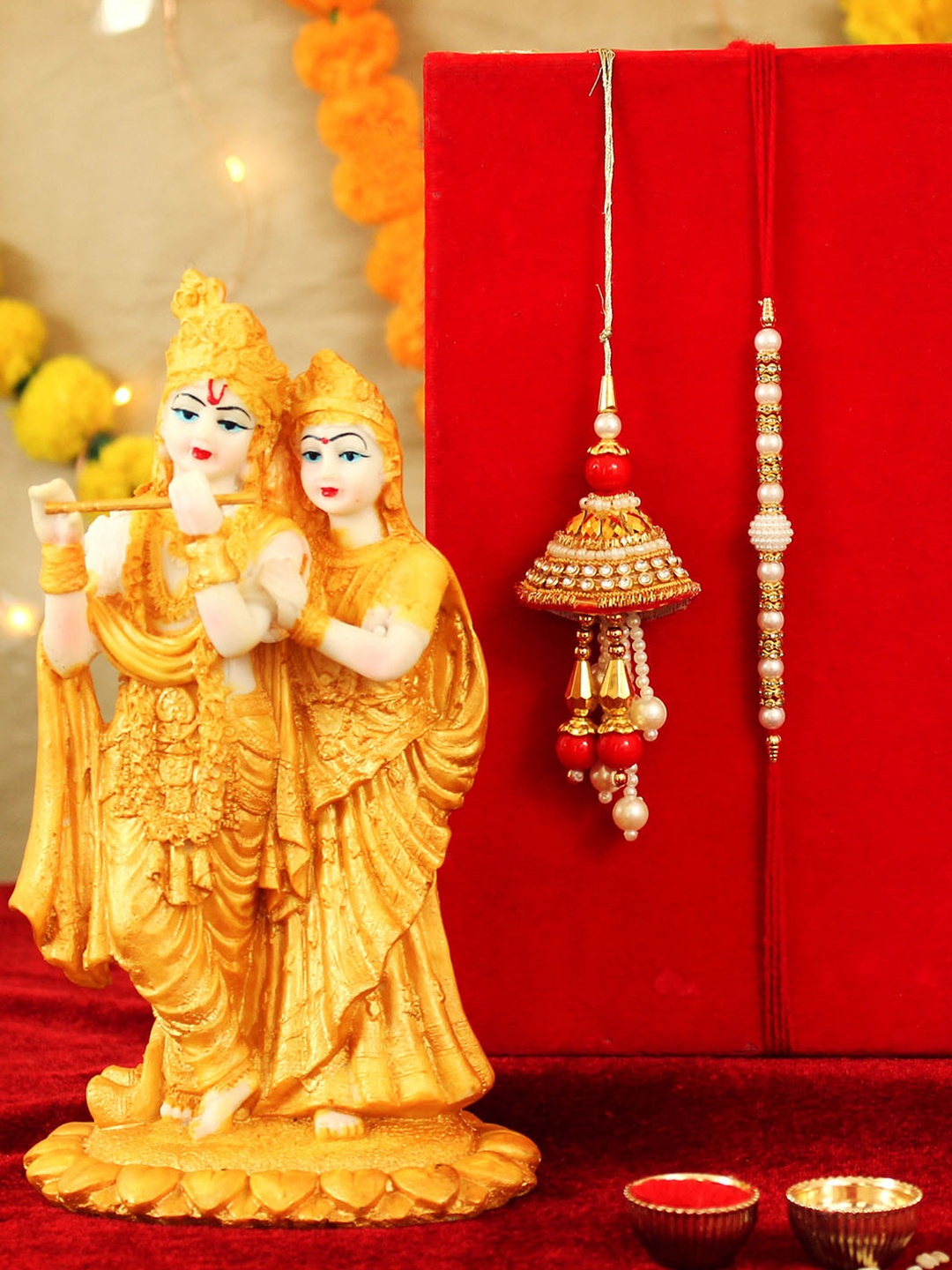 

TIED RIBBONS Red & White Lumba Zardozi Rakhi Combo With Radha Krishna Idol Gift Pack