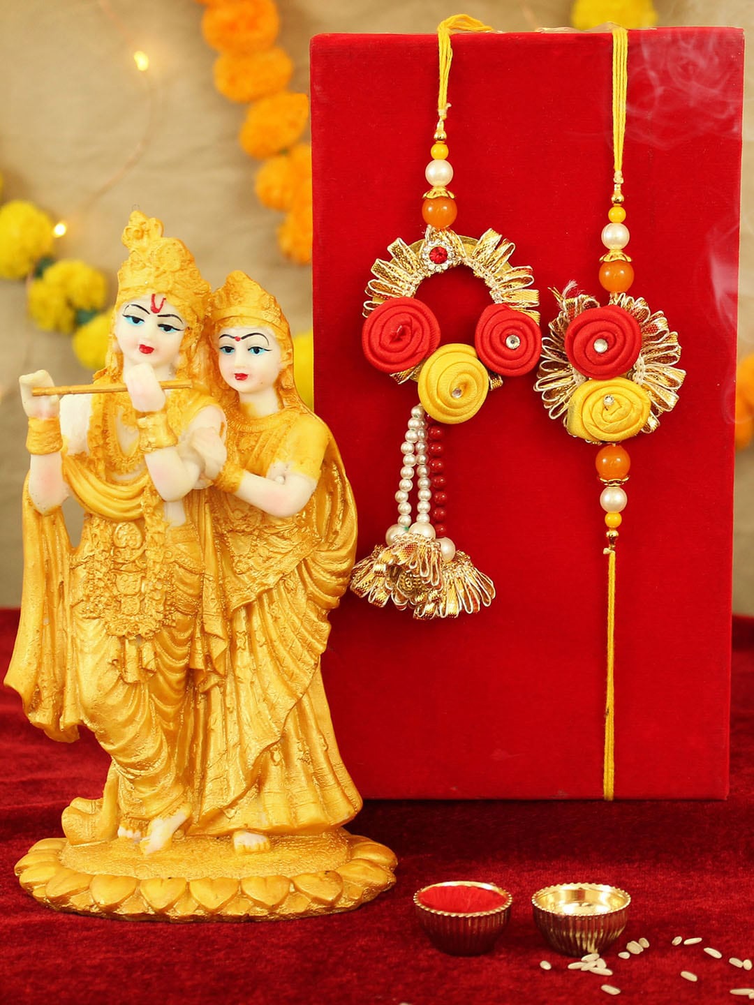 

TIED RIBBONS Yellow Red Set of 2 Rakhi with Radha Krishna Idol Gift