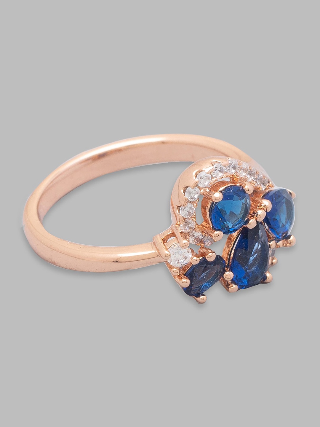

Globus Women Rose Gold Plated White & Blue CZ Studded Ring
