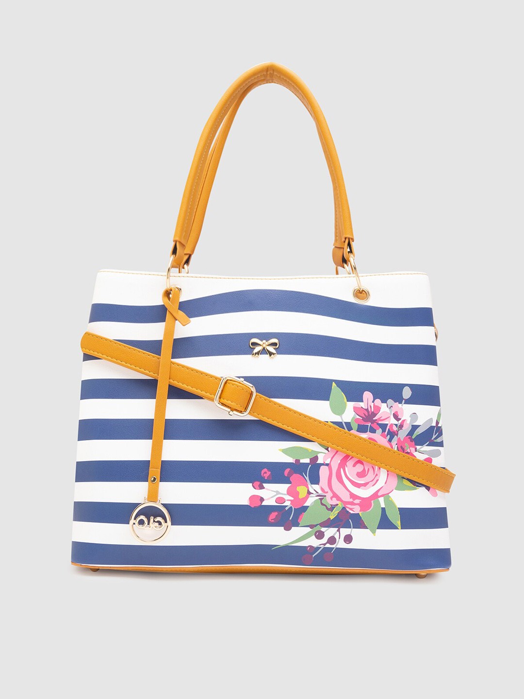 

Globus Navy Blue & White Striped PU Structured Shoulder Bag