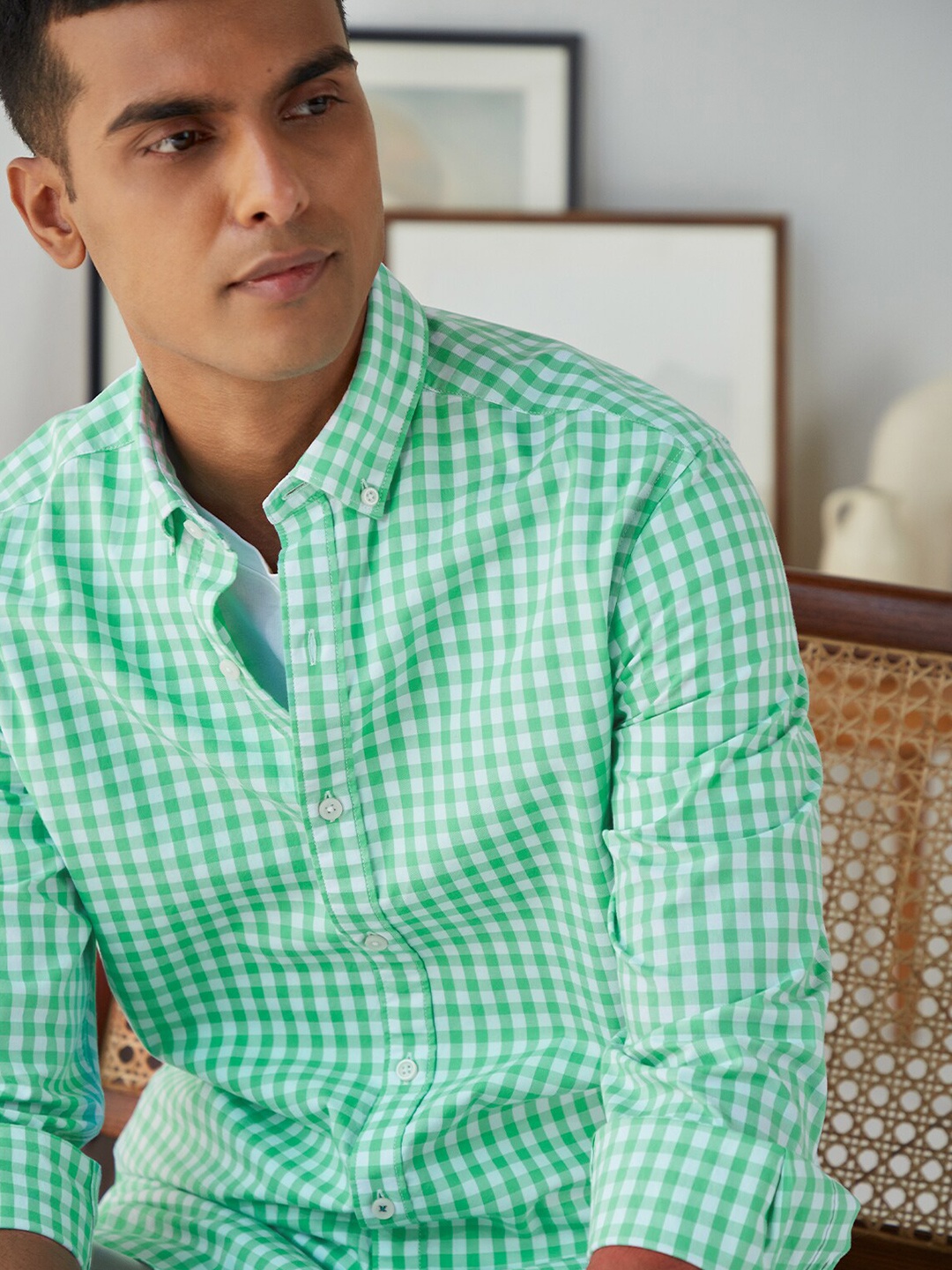 

Andamen Men Green Classic Slim Fit Gingham Checks Checked Casual Shirt