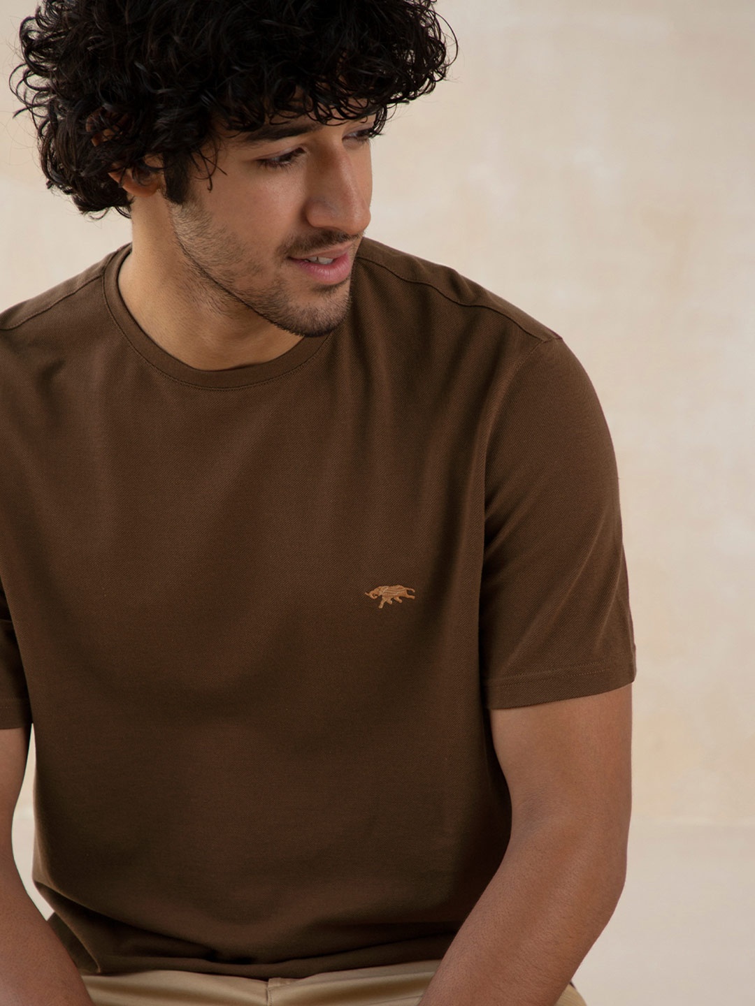

Andamen Men Brown V-Neck Raw Edge T-shirt