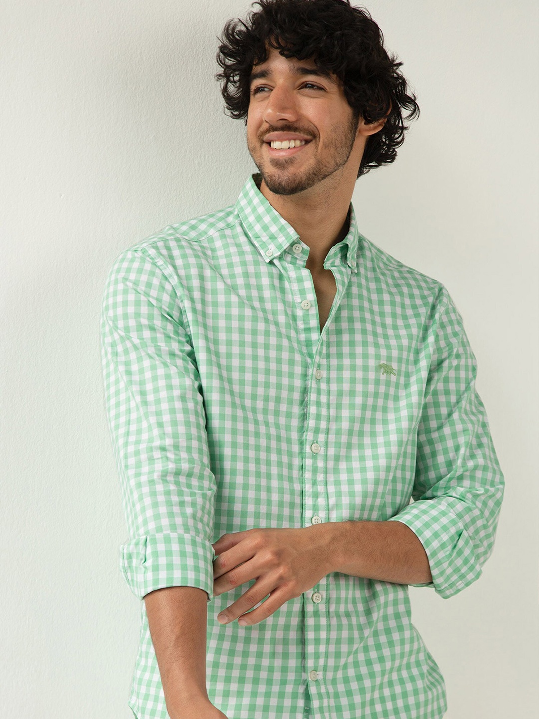 

Andamen Men Green Classic Gingham Checks Checked Casual Shirt