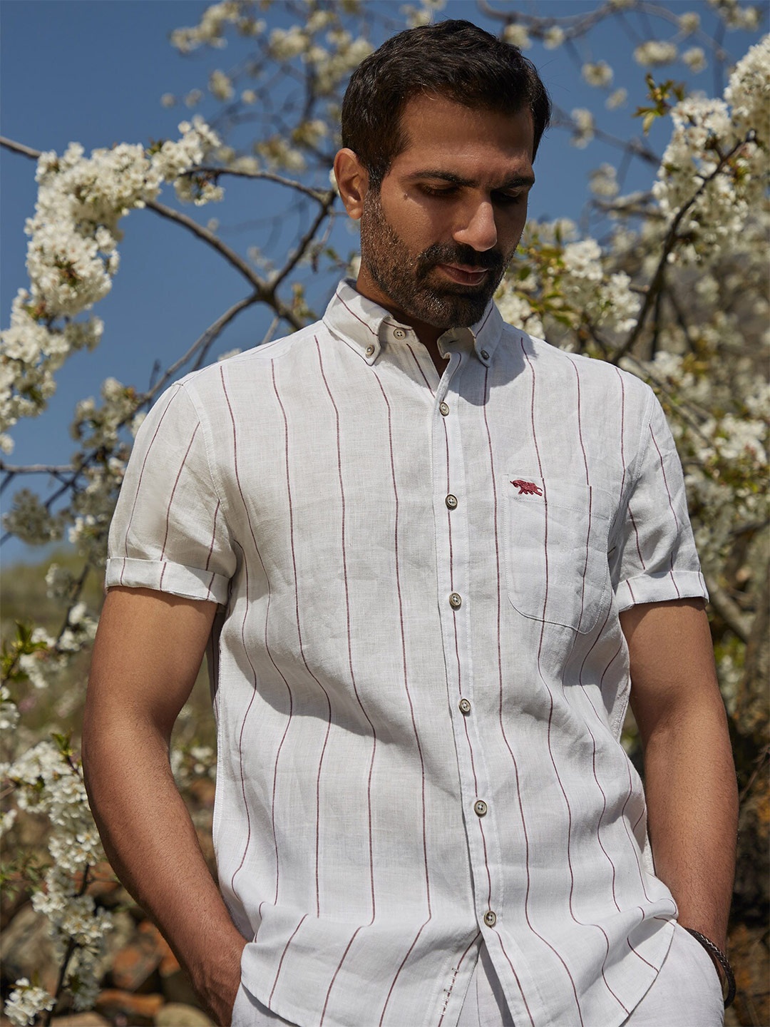 

Andamen Men Burgundy Classic Striped Casual Shirt