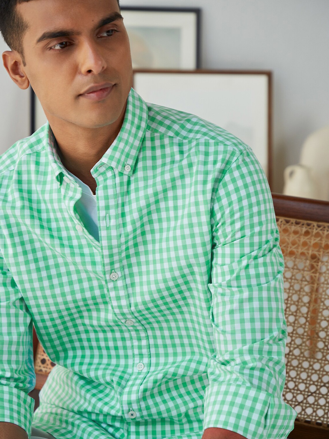 

Andamen Men Green Classic Gingham Checks Checked Casual Shirt