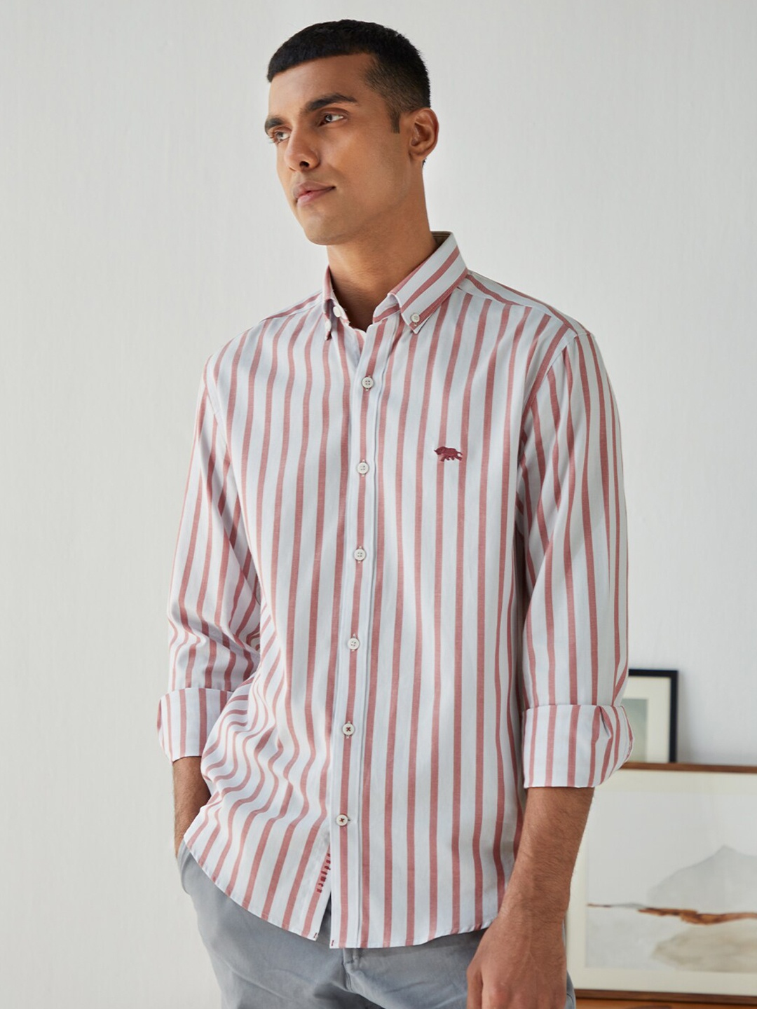 

Andamen Men Rust Classic Striped Casual Shirt