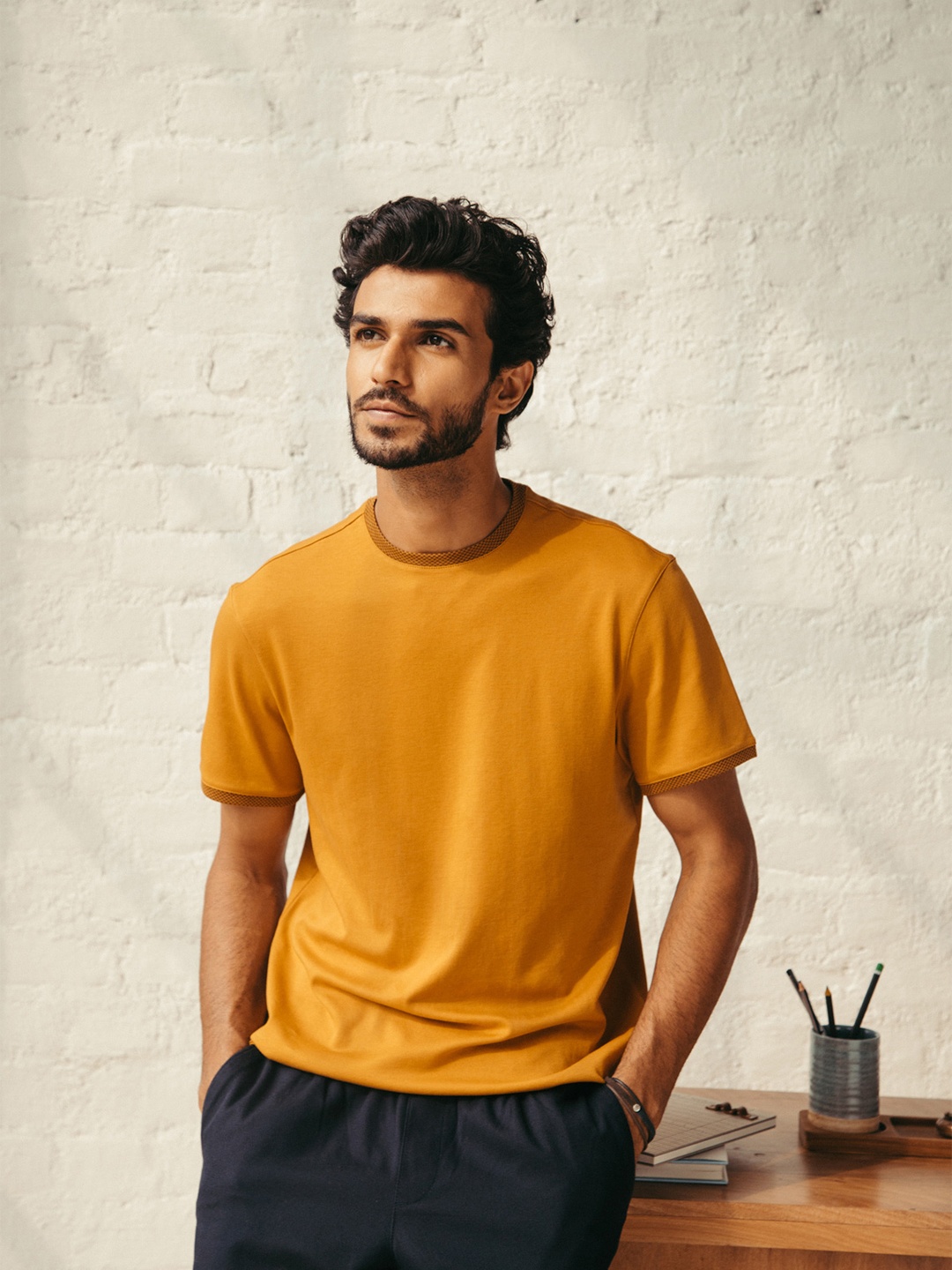 

Andamen Men Mustard Yellow Henley Neck T-shirt