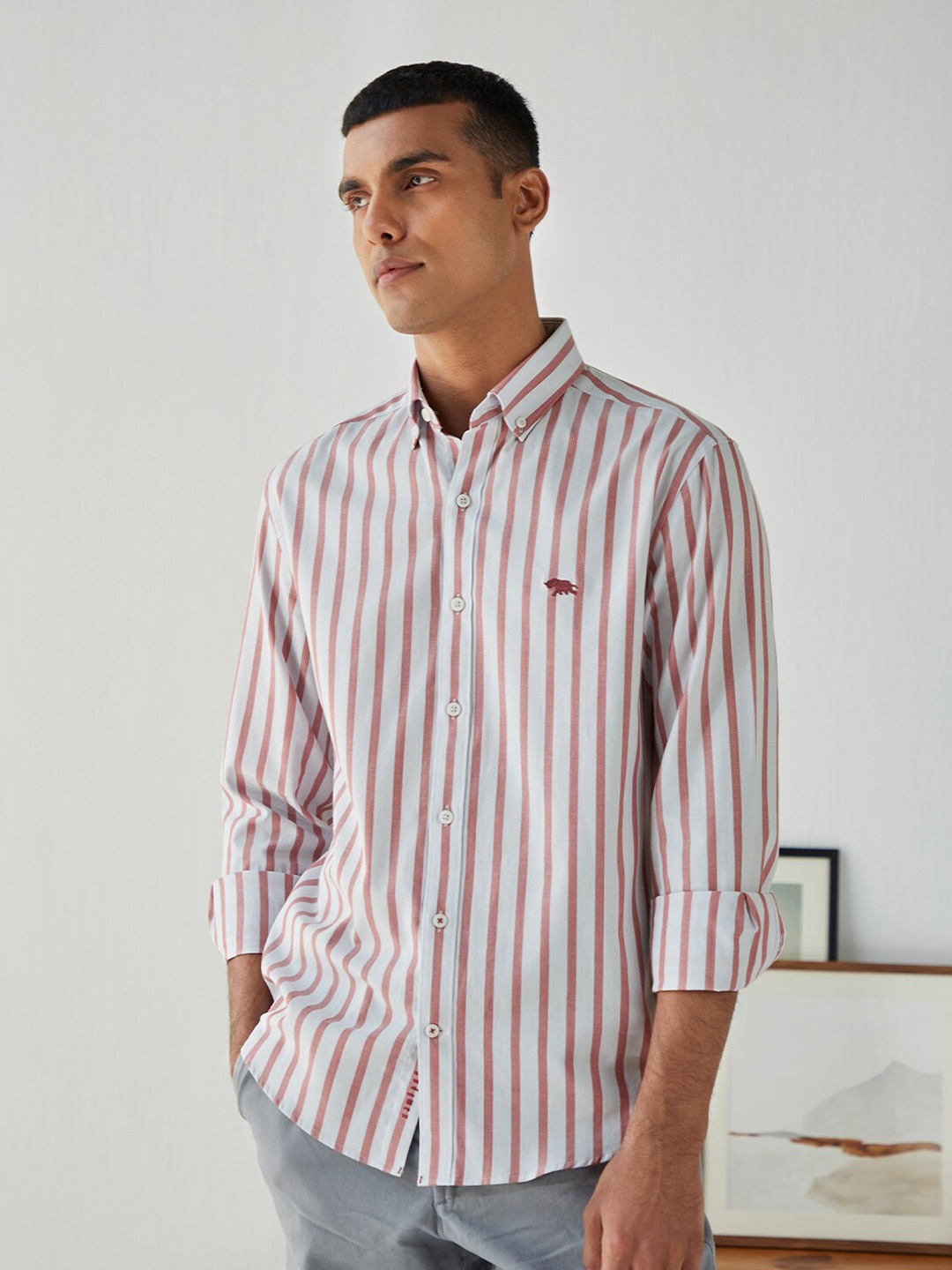 

Andamen Men Rust Classic Slim Fit Striped Casual Shirt