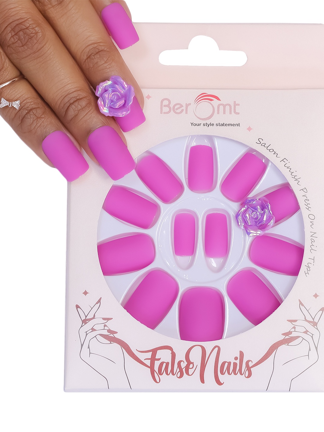 

BEROMT 12 Pcs Long-Lasting Reusable Lightweight Salon Finish Press on Nail Tips - 44, Pink