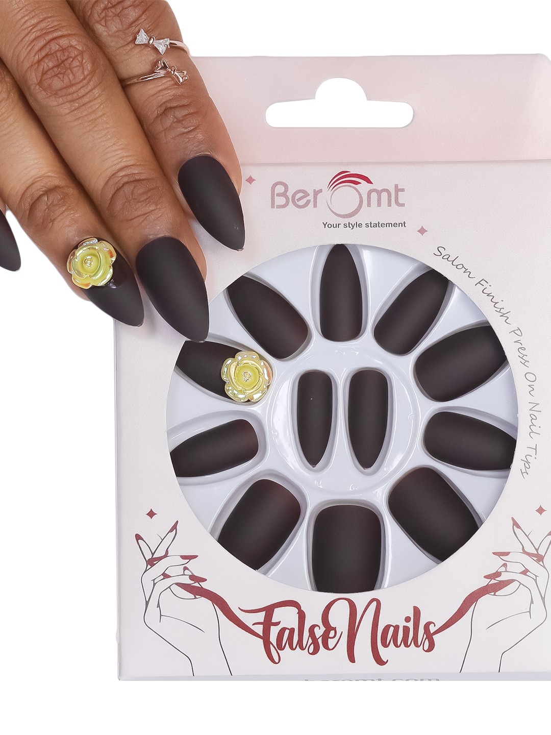 

BEROMT 12 Pcs Long-Lasting Reusable Lightweight Salon Finish Press on Nail Tips - 47, Coffee brown