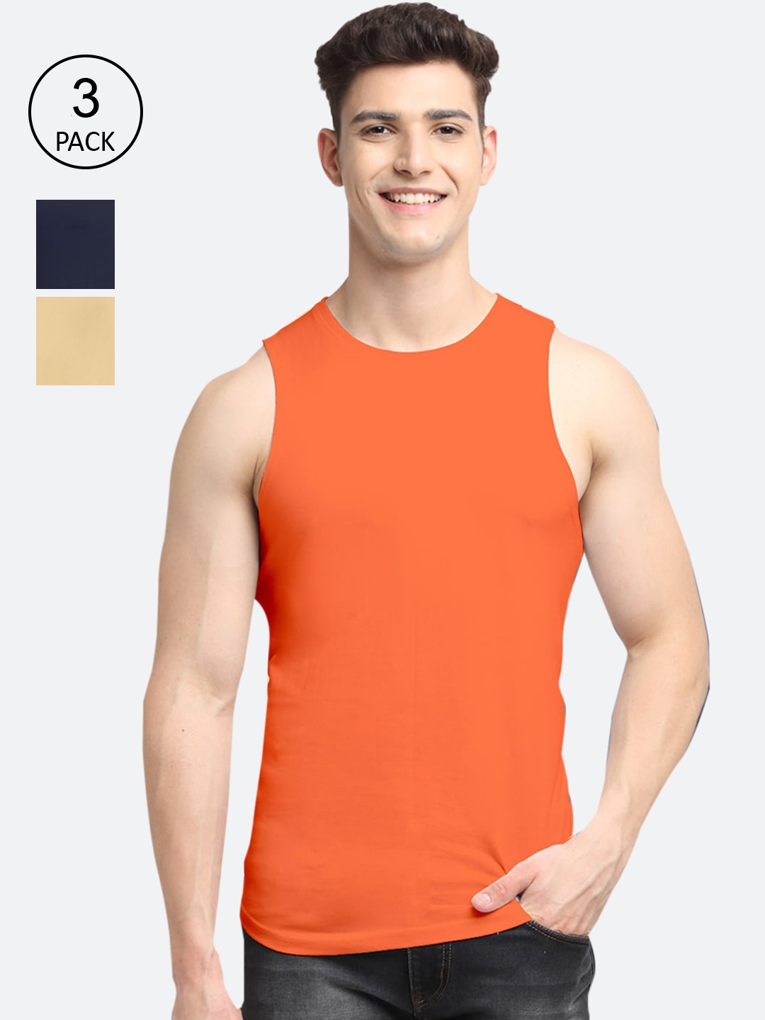 

Friskers Men Pack Of 3 Solid Cotton Apple Cut Innerwear Vests, Orange