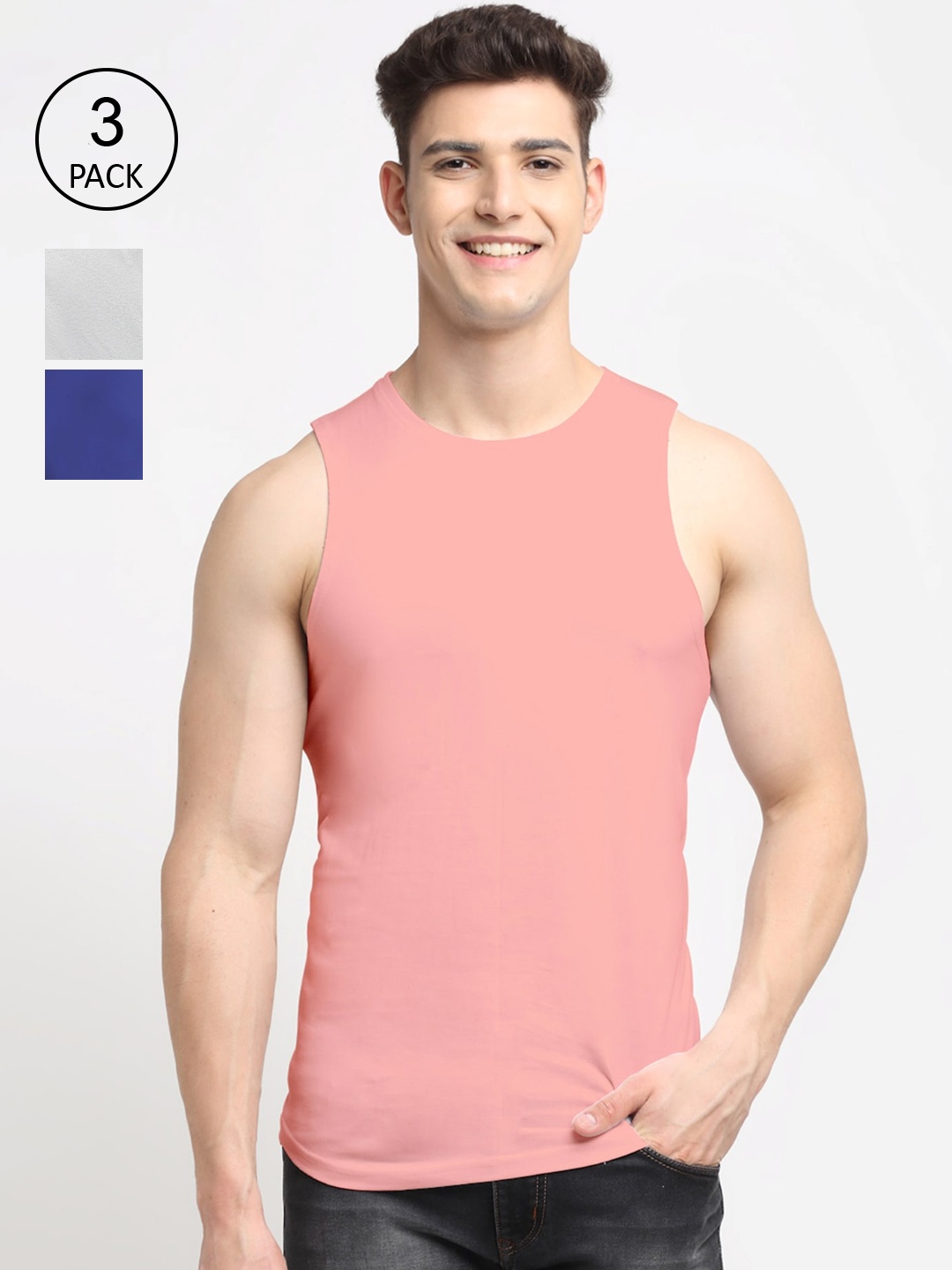 

Friskers Men Pack Of 3 Solid Pure Cotton Gym Vests, Grey