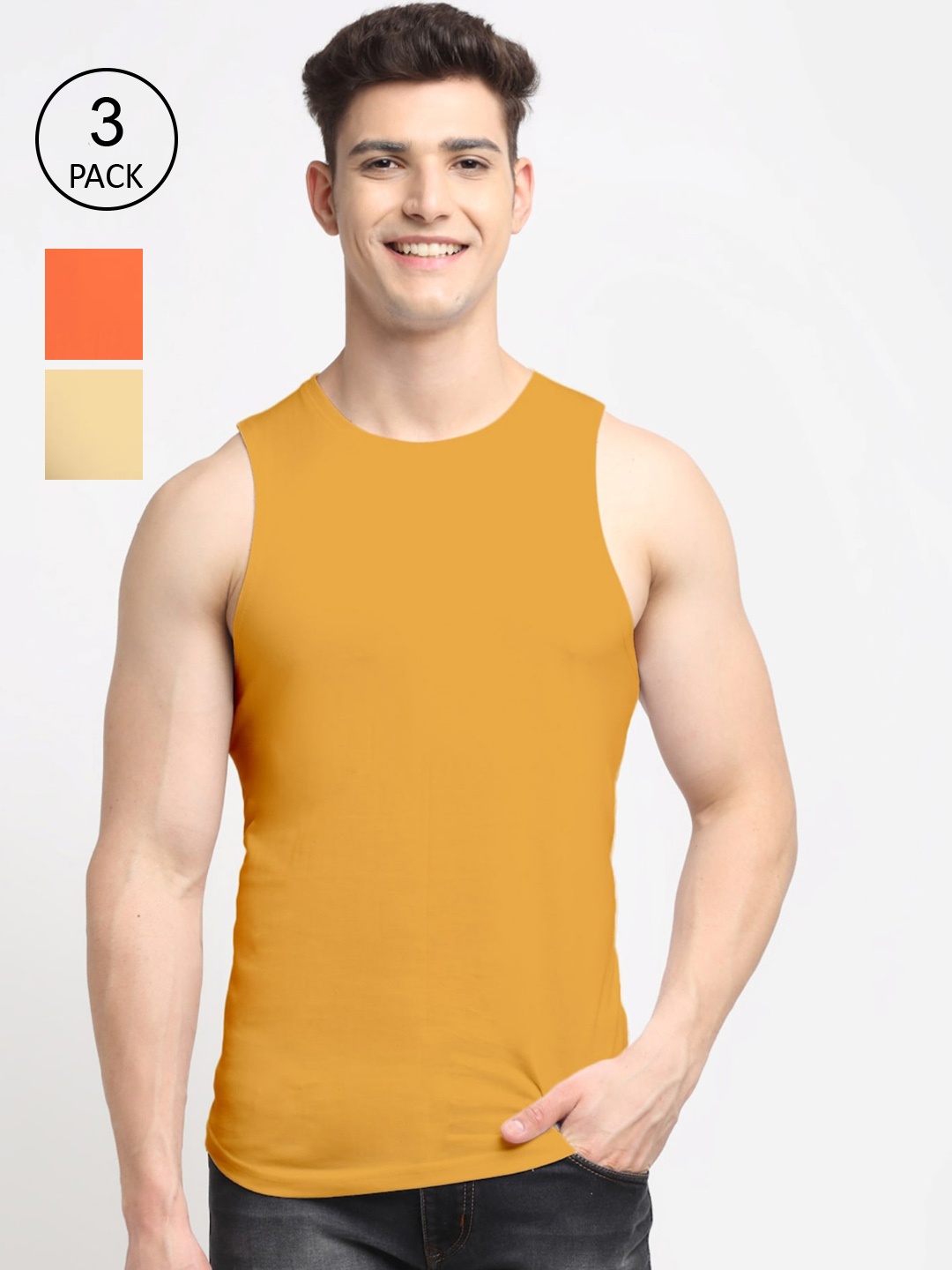

Friskers Men Pack Of 3 Solid Pure Cotton Innerwear Vests, Orange