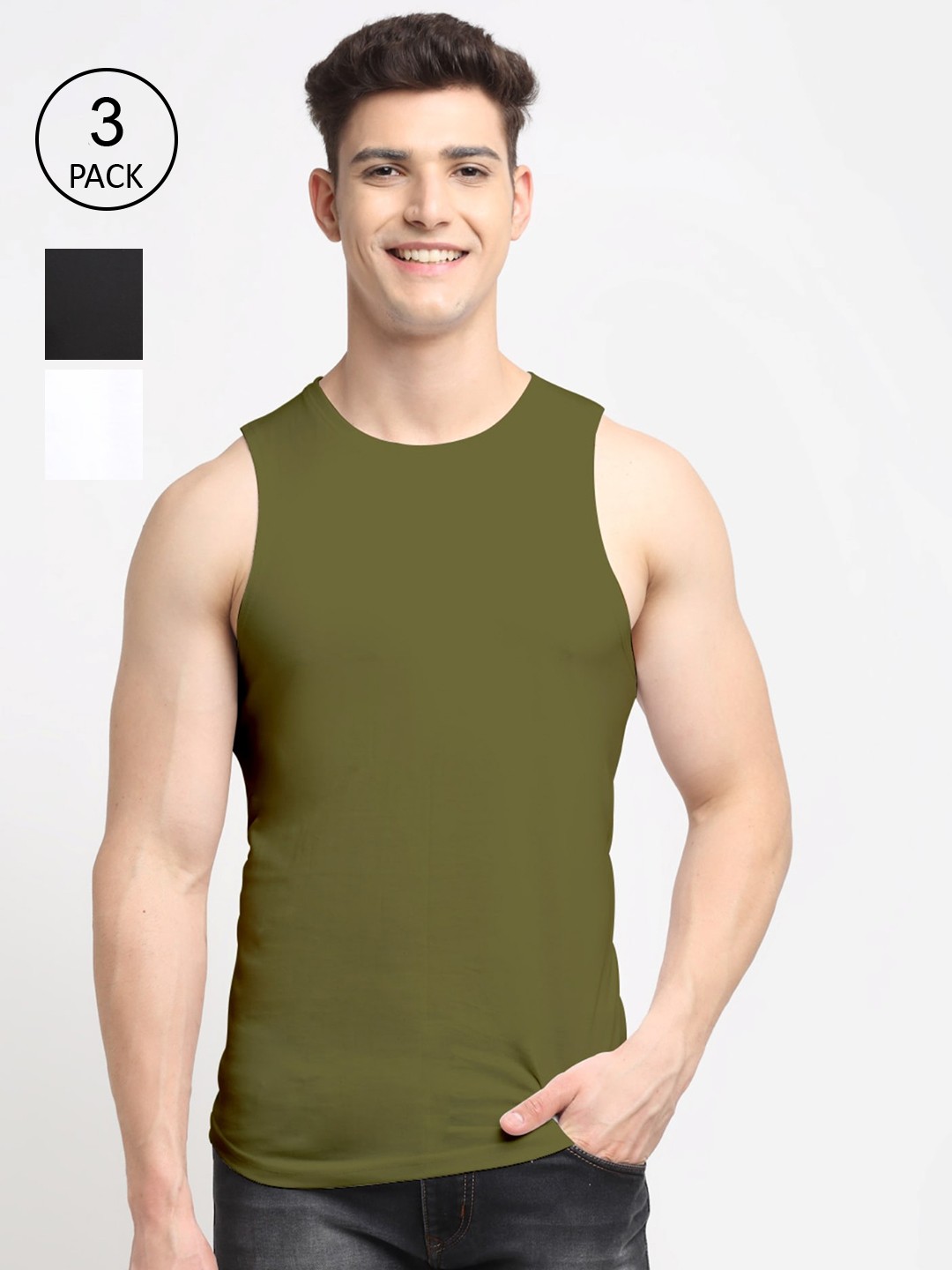 

Friskers Men Pack Of 3 Green & White Pure Cotton Innerwear Vests, Black