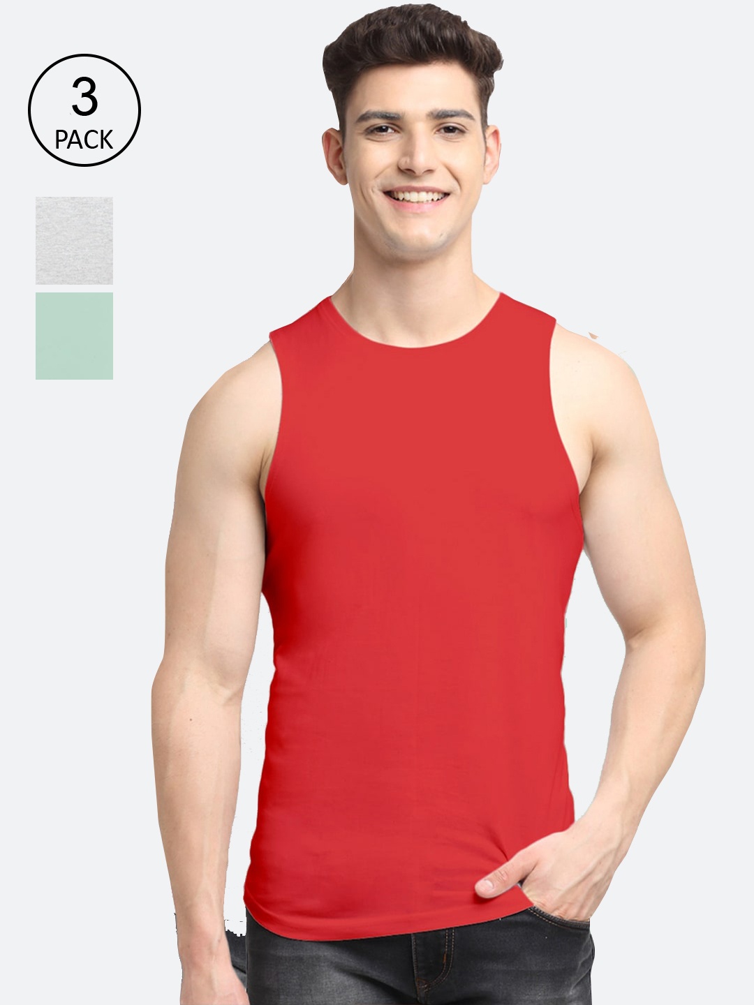 

Friskers Men Pack Of 3 Solid Pure Cotton Innerwear Gym Vests, Red
