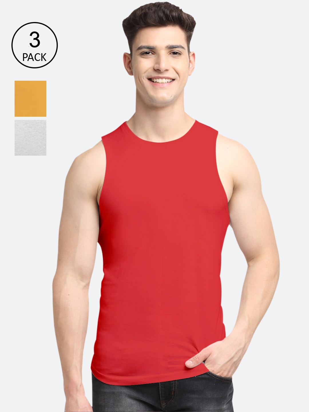 

Friskers Men Pack Of 3 Solid Cotton Innerwear Vests AE-03-04-26-S, Red