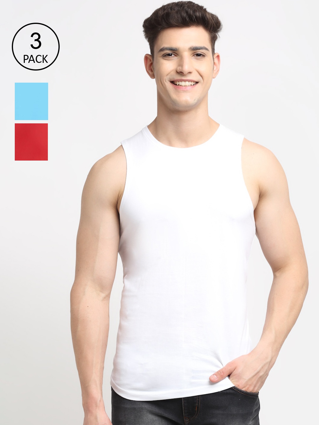 

Friskers Men White & Blue Pack Of 3 Solid Innerwear Vests