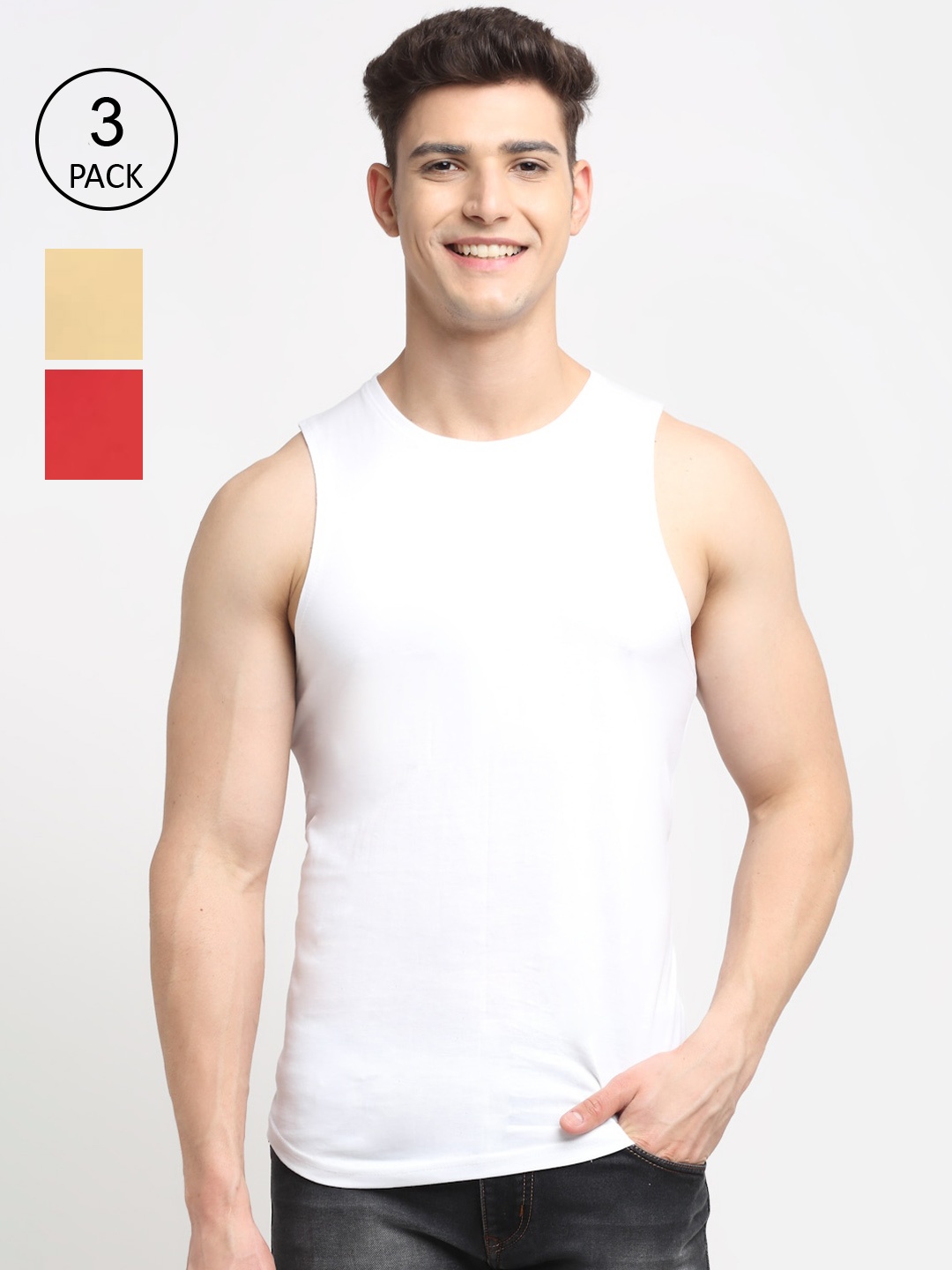 

Friskers Men Pack Of 3 White Beige & Red Solid Cotton Innerwear Vests