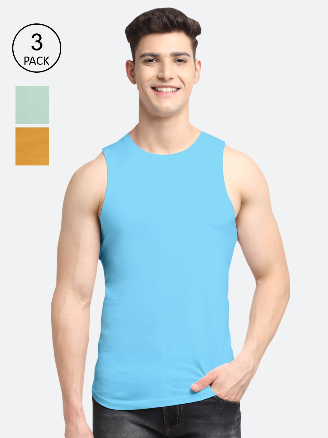 

Friskers Men Pack Of 3 Solid Turquoise, Gold, Pista Cotton Innerwear Vests, Turquoise blue