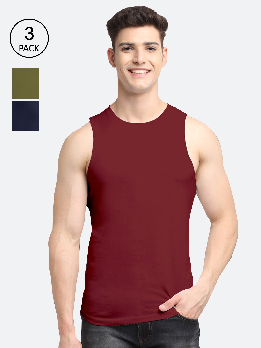 

Friskers Men Pack Of 3 Solid Cotton Apple Cut Innerwear Vests, Maroon