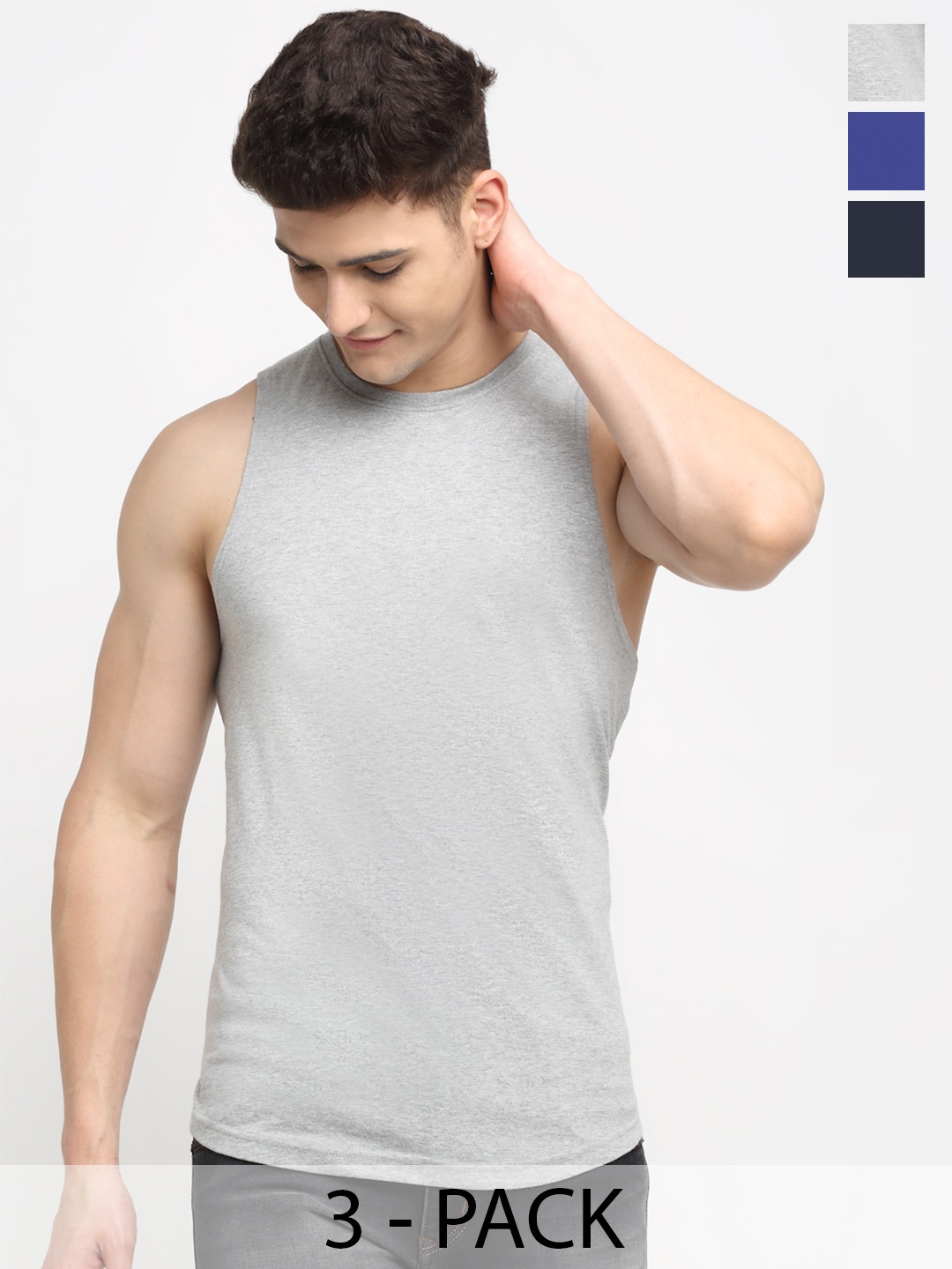 

Friskers Men Pack Of 3 Solid Pure Cotton Gym Vests, Grey