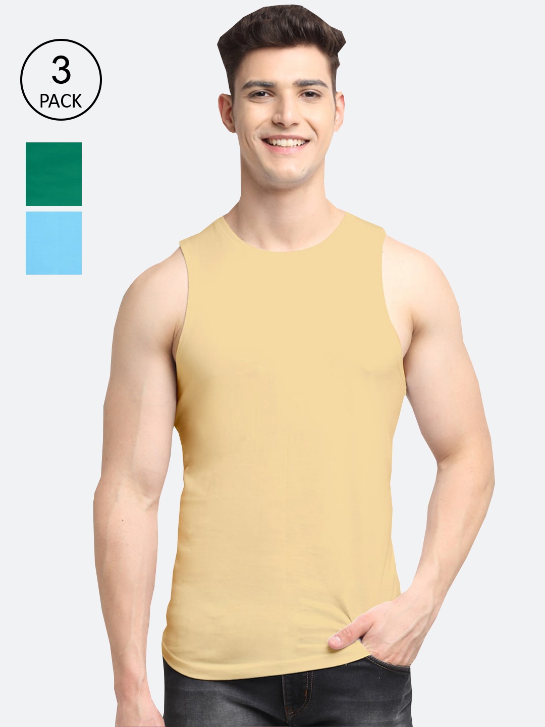 

Friskers Men Pack Of 3 Solid Pure Cotton Innerwear Vests AE-09-13-20-S, Beige