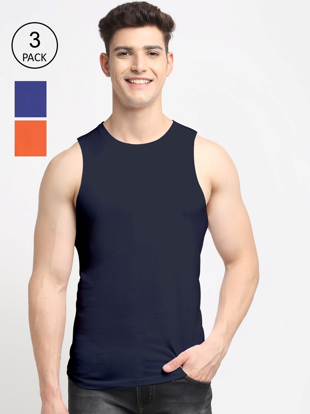 

Friskers Men Blue, Orange, Navy Blue Pack Of 3 Solid Pure Cotton Innerwear Vests