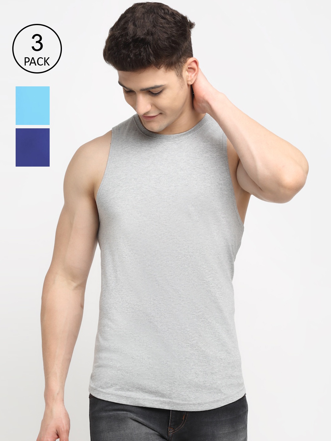 

Friskers Men Pack Of 3 Solid Cotton Apple Cut Innerwear Vests, Grey