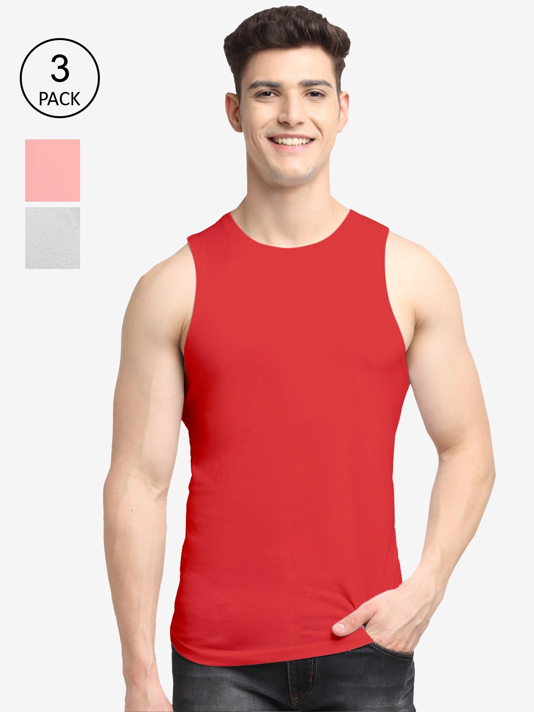 

Friskers Men Pack Of 3 Solid Pure Cotton Innerwear Gym Vests, Red