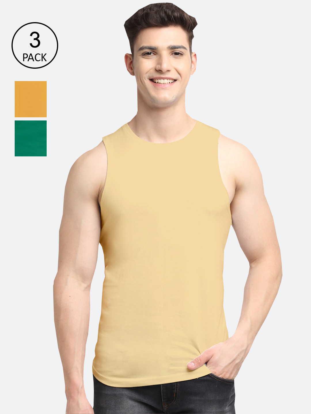 

Friskers Men Pack Of 3 Solid Sleeveless Cotton Basic Vests, Beige