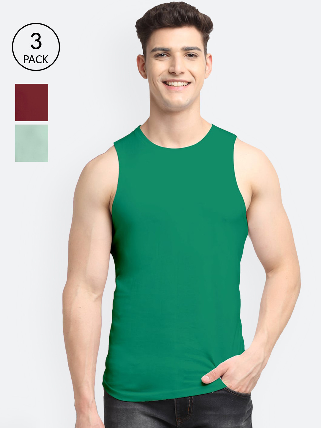

Friskers Men Pack Of 3 Solid Cotton Gym Vests, Green